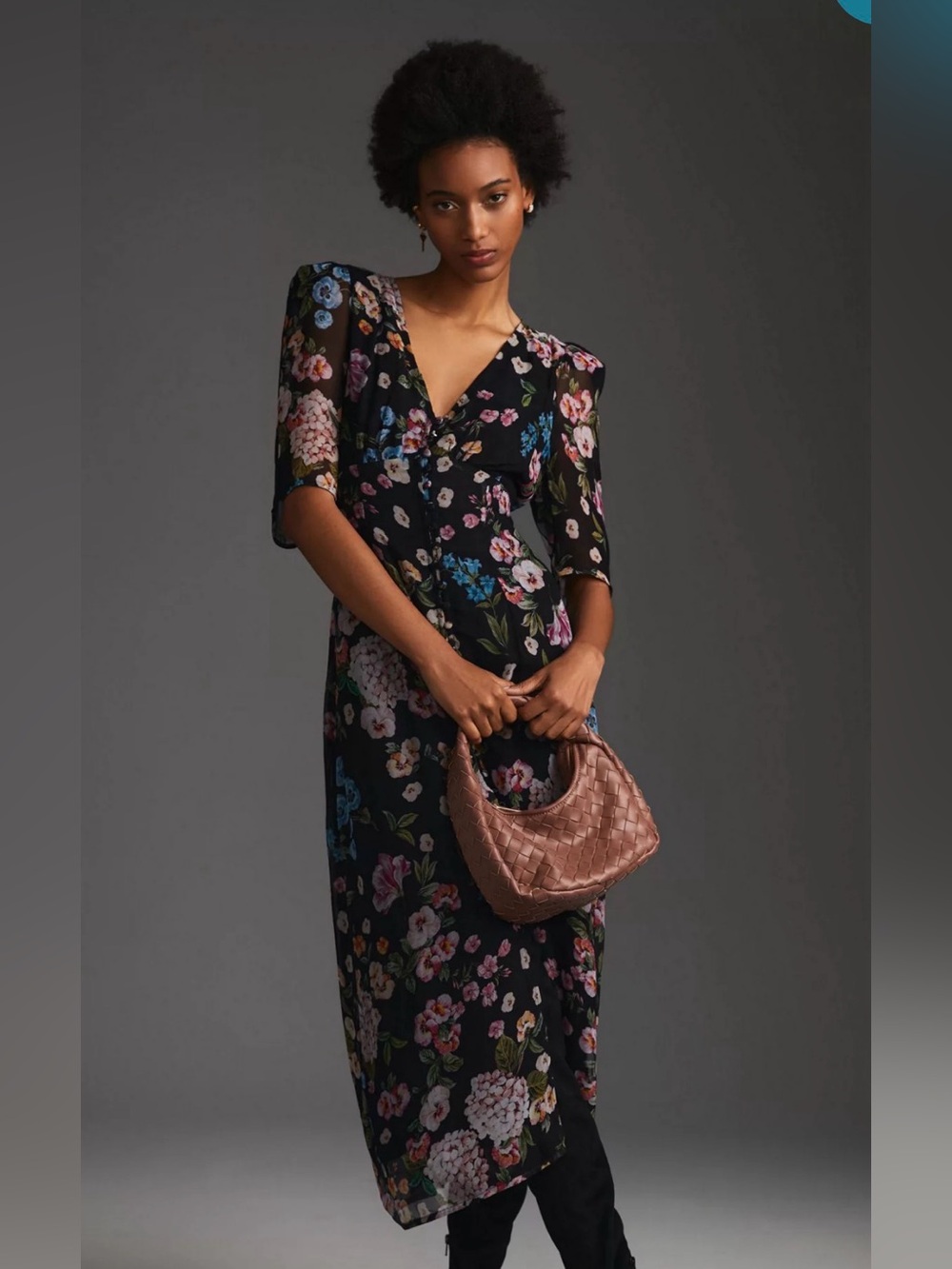 Anthropologie Maeve Puff-Sleeve Floral Midi Dress *small pull in bodice*